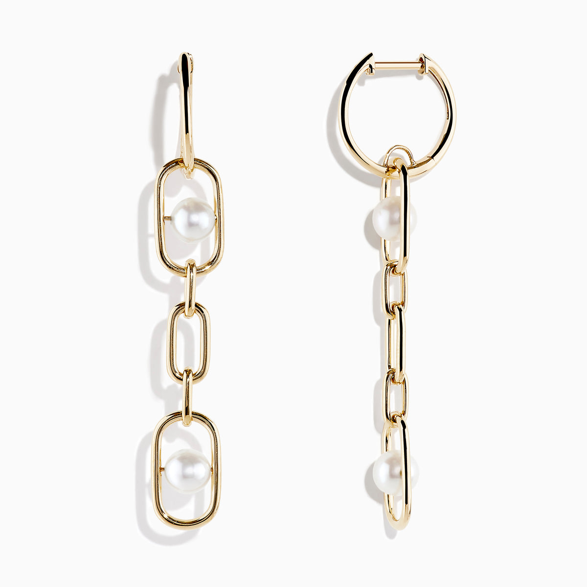 The 14K Yellow Gold Fresh Water Pearl Chain Link Earrings feature freshwater pearls set in the top and bottom links, crafted from 14K yellow gold and shown against a white background.