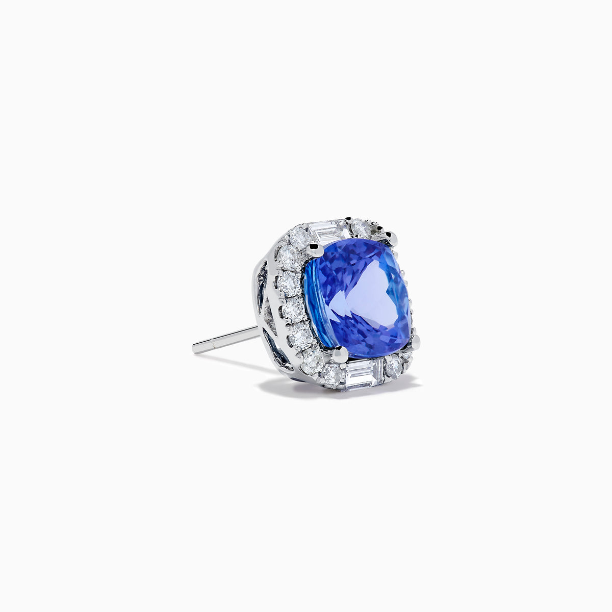 The Effy Hematian 18K White Gold Tanzanite and Diamond Cushion Halo Stud Earrings feature vibrant deep blue cushion-cut tanzanites, each encircled by a halo of sparkling white diamonds.