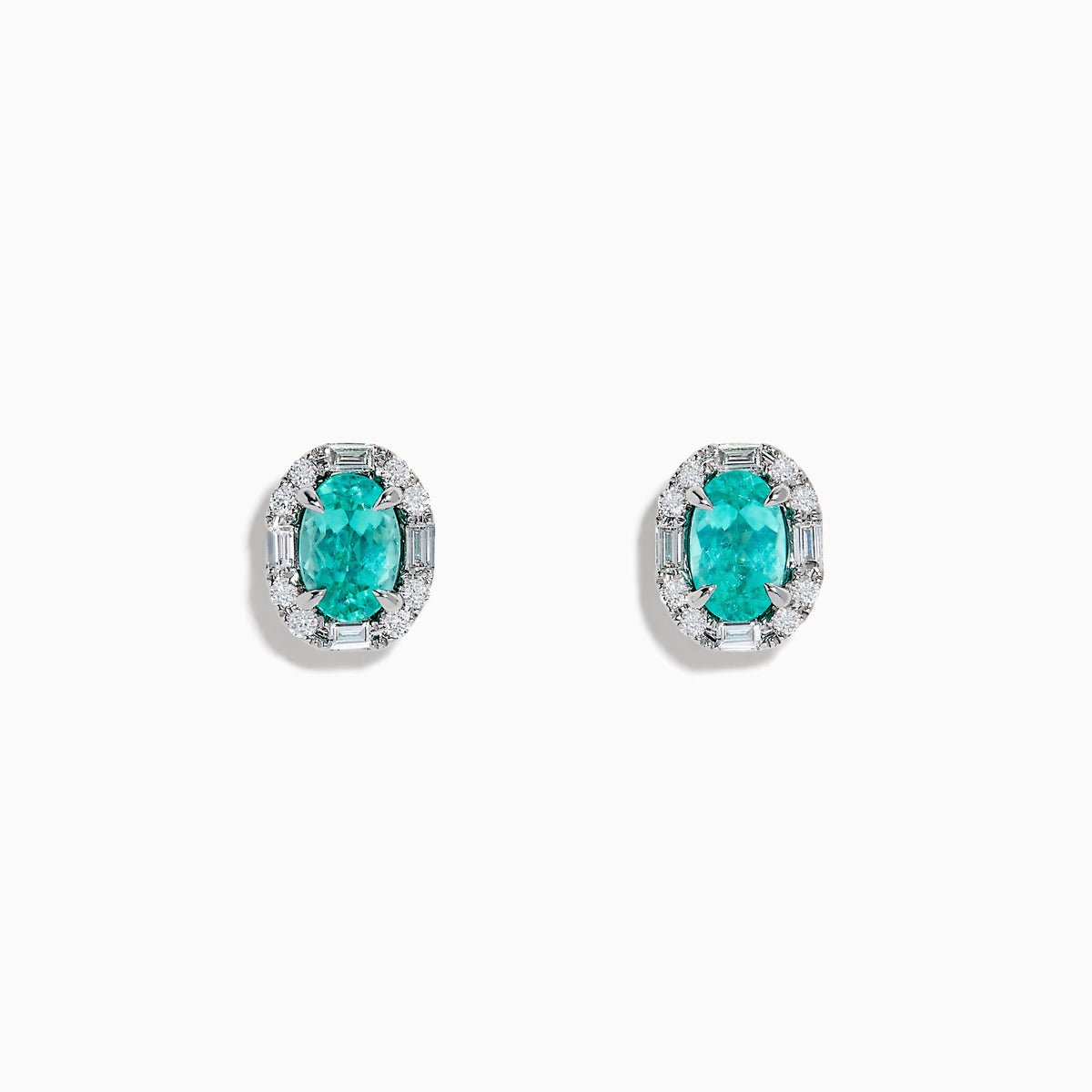The Effy Hematian 14K White Gold Paraiba and Diamond Halo Stud Earrings feature vibrant green-blue Paraiba gemstones, each surrounded by a halo of sparkling diamonds in an elegant oval-shaped design.