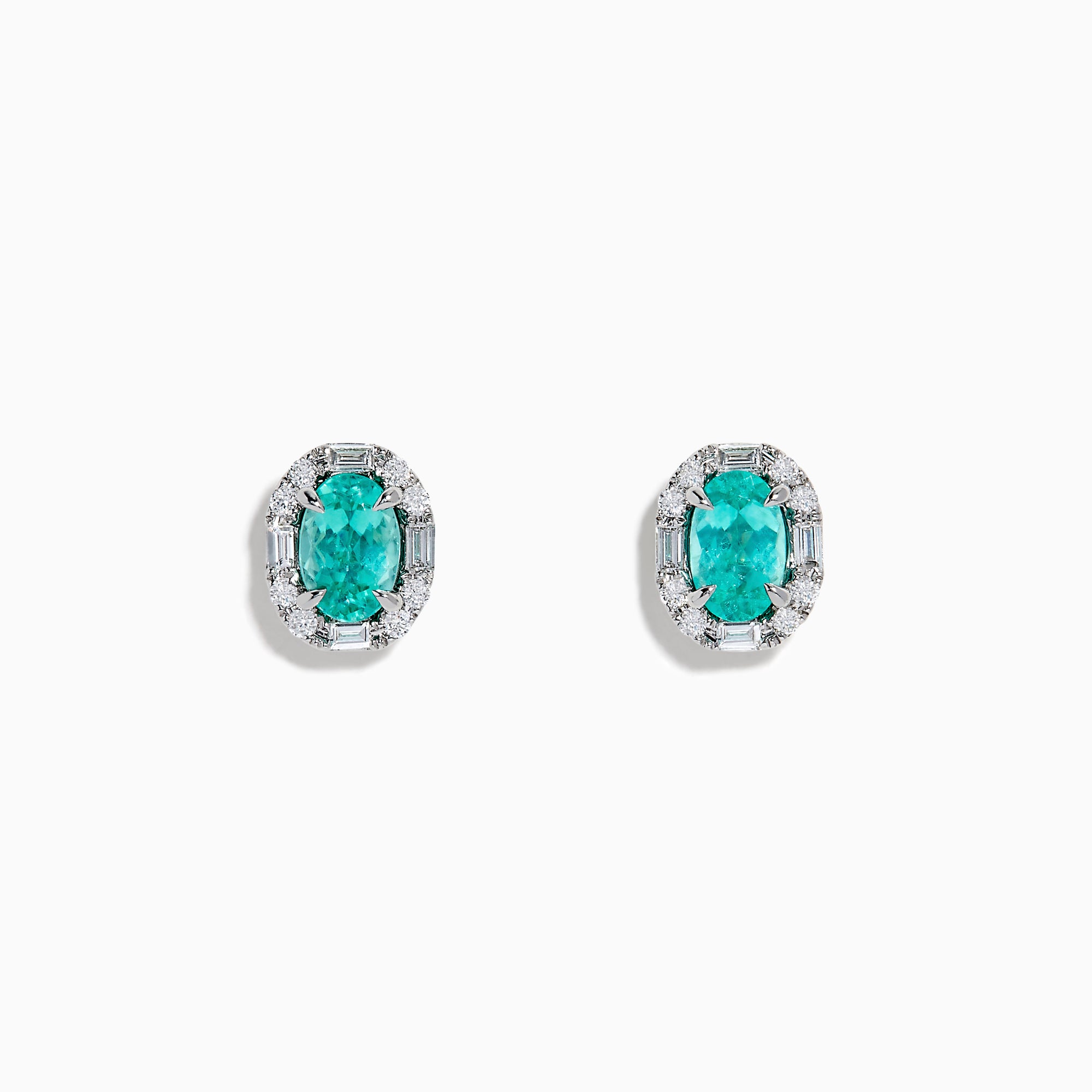 The Effy Hematian 14K White Gold Paraiba and Diamond Halo Stud Earrings feature vibrant green-blue Paraiba gemstones, each surrounded by a halo of sparkling diamonds in an elegant oval-shaped design.