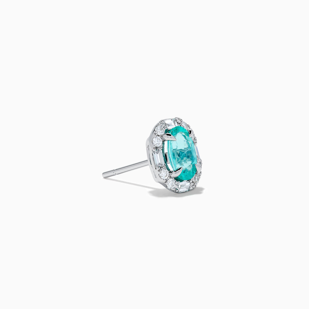 The Effy Hematian 14K White Gold Paraiba and Diamond Halo Stud Earrings feature vibrant green-blue Paraiba gemstones, each surrounded by a halo of sparkling diamonds in an elegant oval-shaped design.