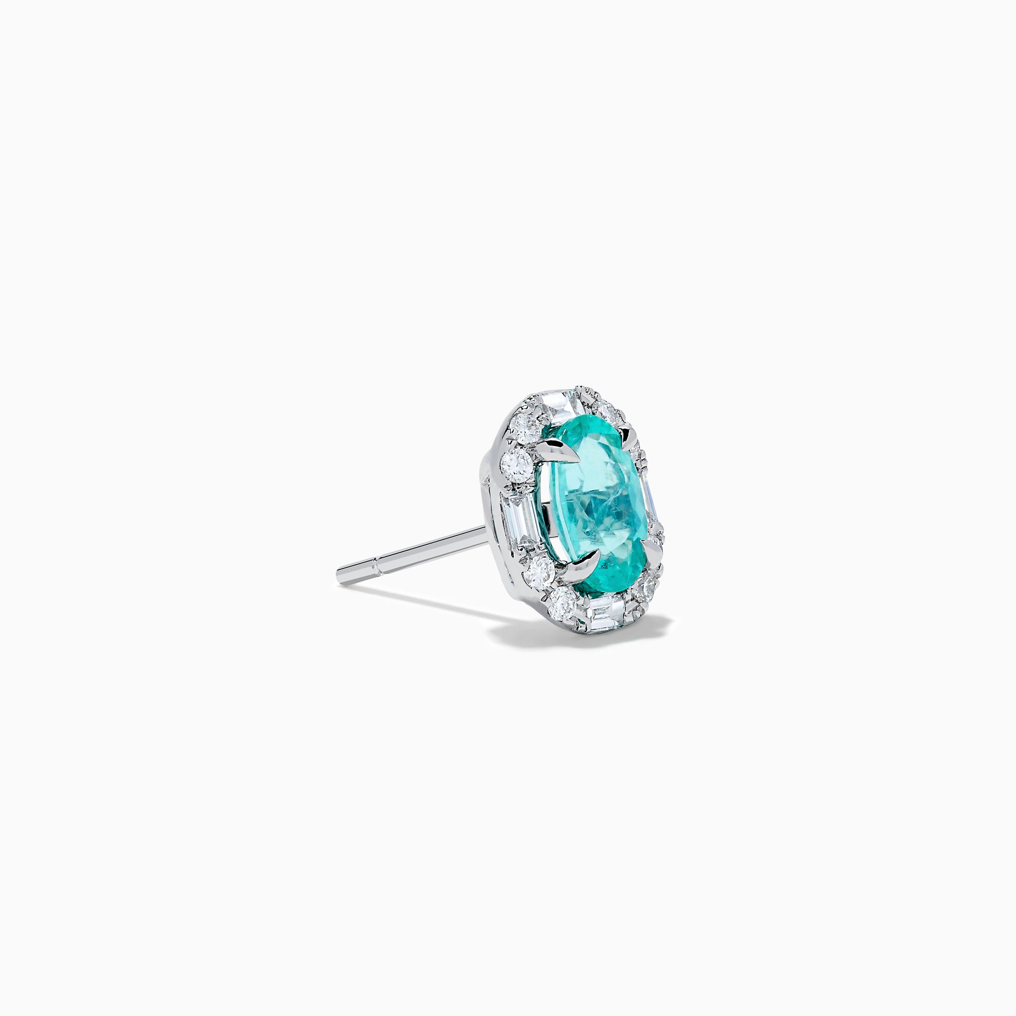 The Effy Hematian 14K White Gold Paraiba and Diamond Halo Stud Earrings feature vibrant green-blue Paraiba gemstones, each surrounded by a halo of sparkling diamonds in an elegant oval-shaped design.