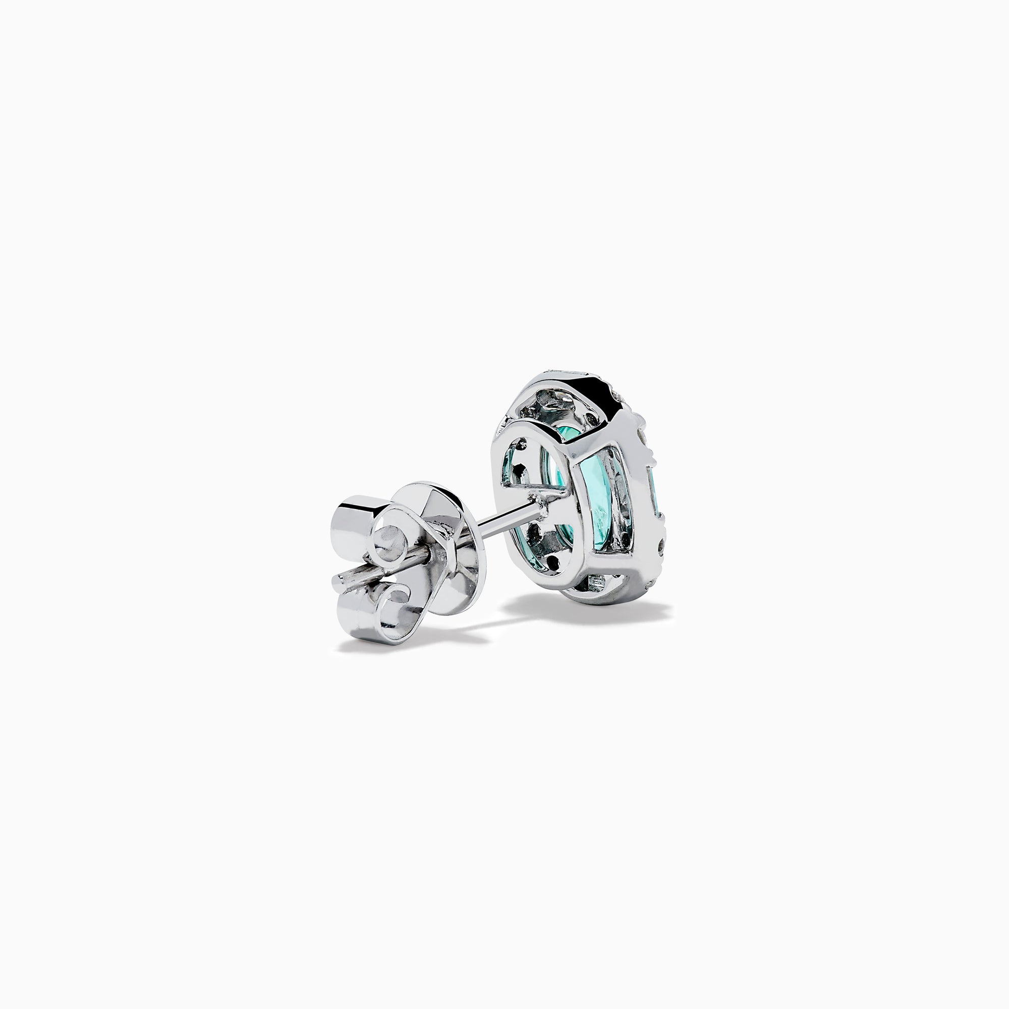 The Effy Hematian 14K White Gold Paraiba and Diamond Halo Stud Earrings feature vibrant green-blue Paraiba gemstones, each surrounded by a halo of sparkling diamonds in an elegant oval-shaped design.