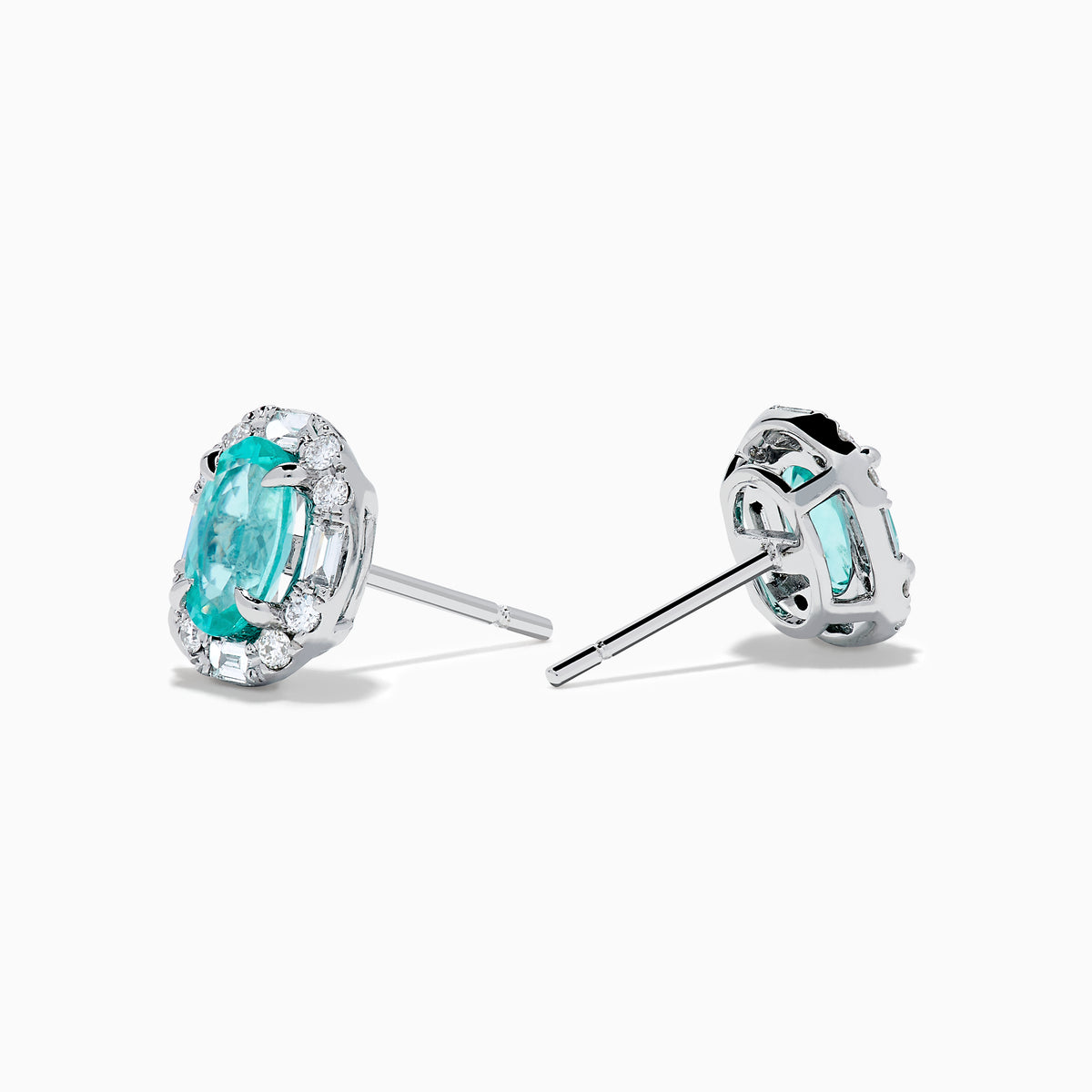 The Effy Hematian 14K White Gold Paraiba and Diamond Halo Stud Earrings feature vibrant green-blue Paraiba gemstones, each surrounded by a halo of sparkling diamonds in an elegant oval-shaped design.