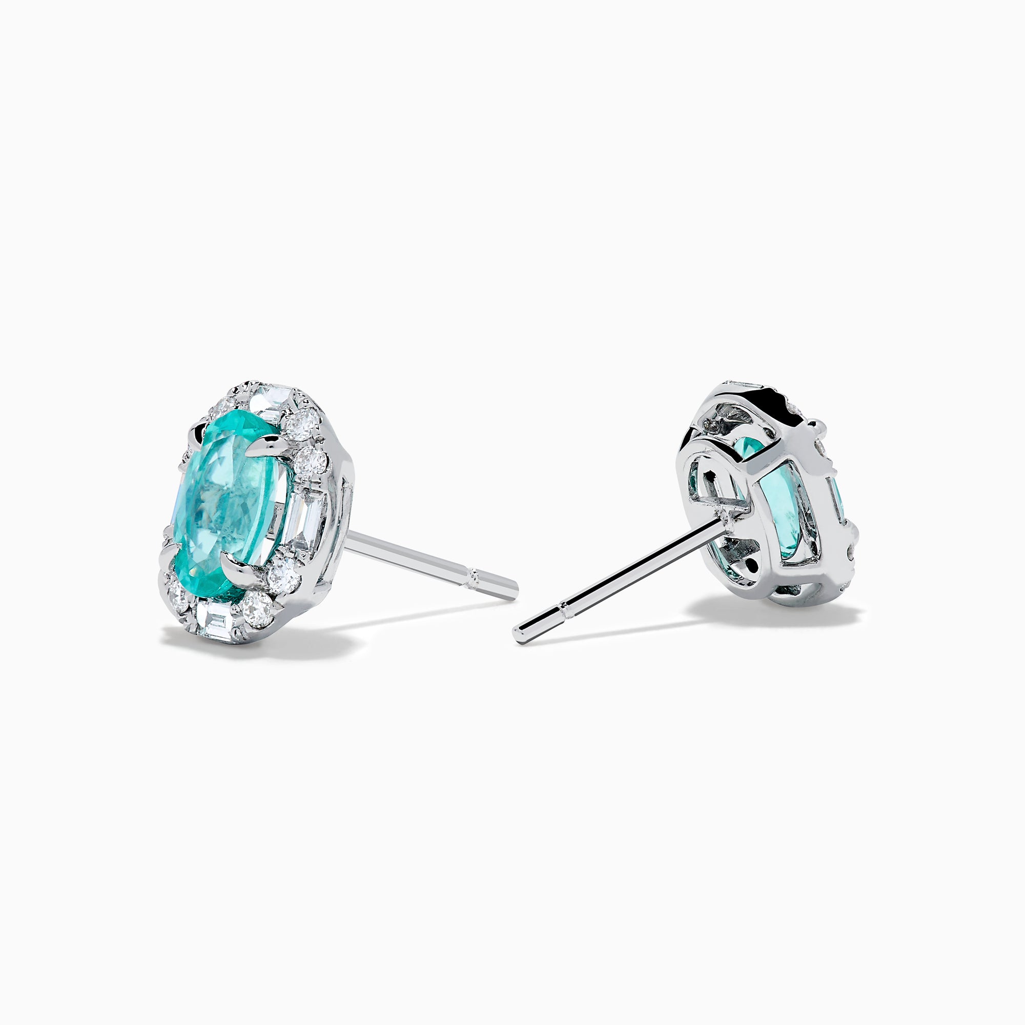 The Effy Hematian 14K White Gold Paraiba and Diamond Halo Stud Earrings feature vibrant green-blue Paraiba gemstones, each surrounded by a halo of sparkling diamonds in an elegant oval-shaped design.