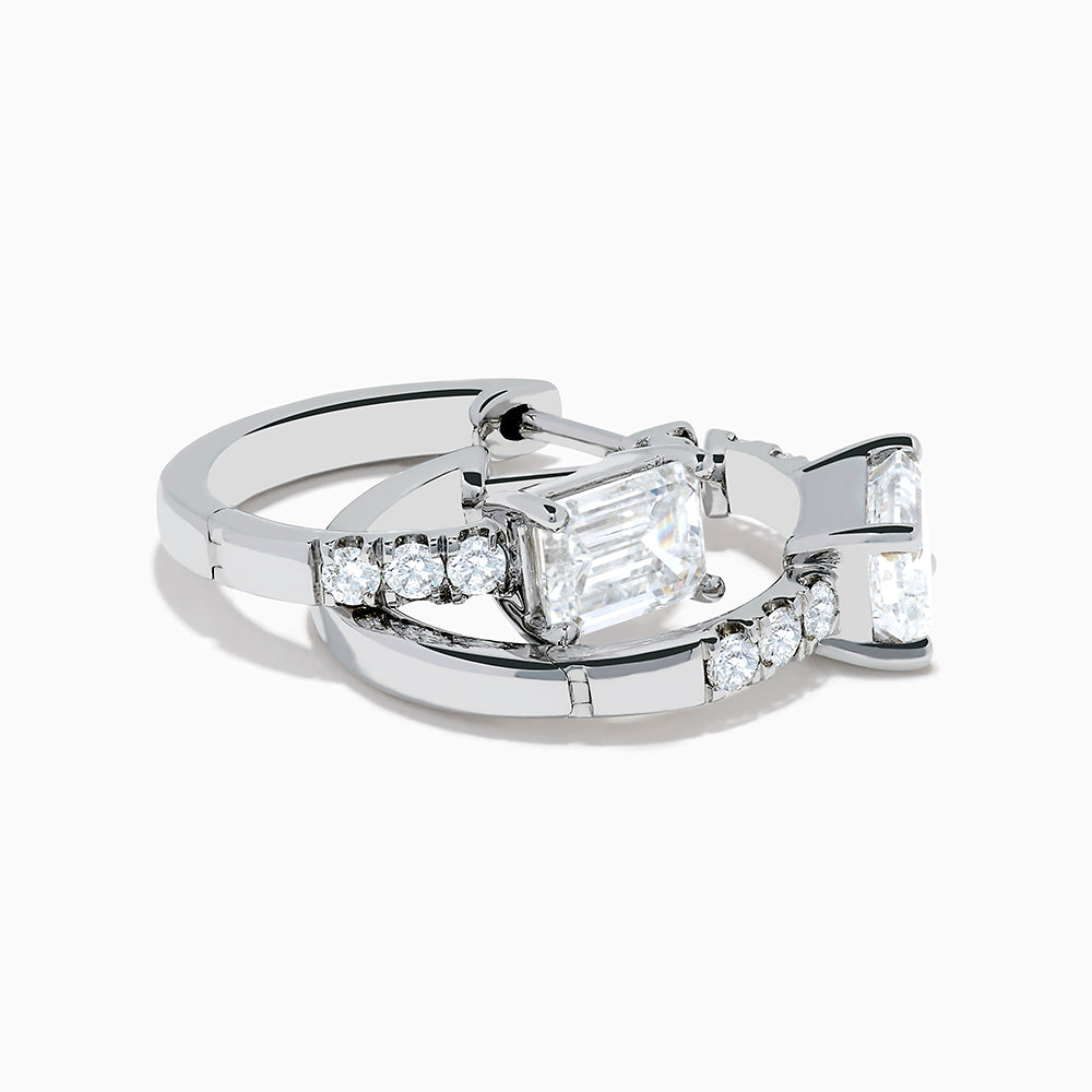 Lab Grown Diamond Emerald-Cut Huggie Earrings in 14K White Gold showcase rectangular center stones accented by small round diamonds, elegantly set and displayed against a plain white background.