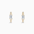 Lab Grown Diamond Emerald-Cut Huggie Earrings in 14K Yellow Gold, each with a central rectangular lab diamond and small round diamonds on the hoop, shown on a white background.