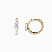 Lab Grown Diamond Emerald-Cut Huggie Earrings in 14K Yellow Gold, each with a central rectangular lab diamond and small round diamonds on the hoop, shown on a white background.