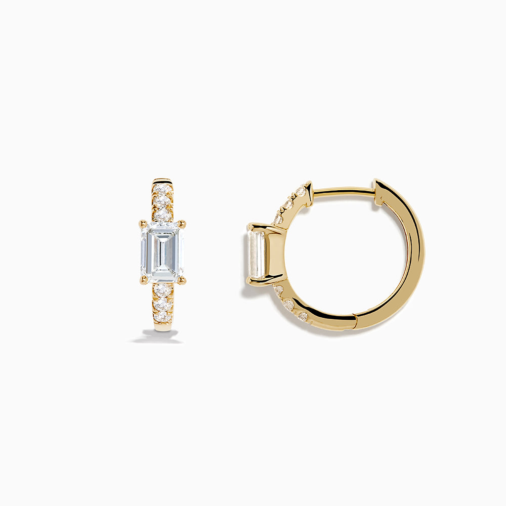 Lab Grown Diamond Emerald-Cut Huggie Earrings in 14K Yellow Gold, each with a central rectangular lab diamond and small round diamonds on the hoop, shown on a white background.
