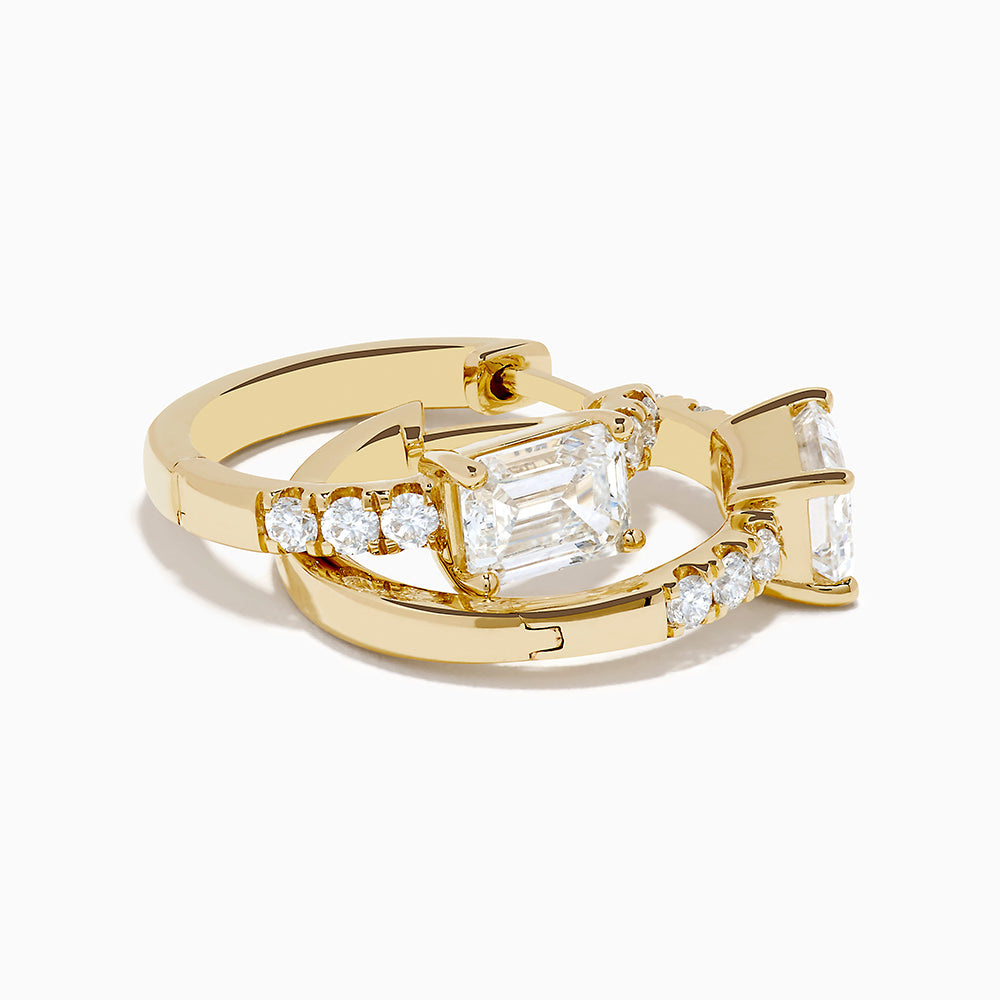 Lab Grown Diamond Emerald-Cut Huggie Earrings in 14K Yellow Gold, each with a central rectangular lab diamond and small round diamonds on the hoop, shown on a white background.