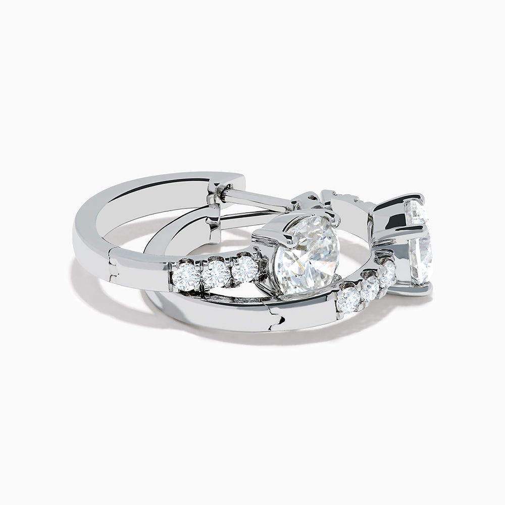 Lab Grown Diamond Round Huggie Earrings in 14K White Gold, featuring a central round diamond with vertical rows of smaller diamonds, displayed on a plain white background.