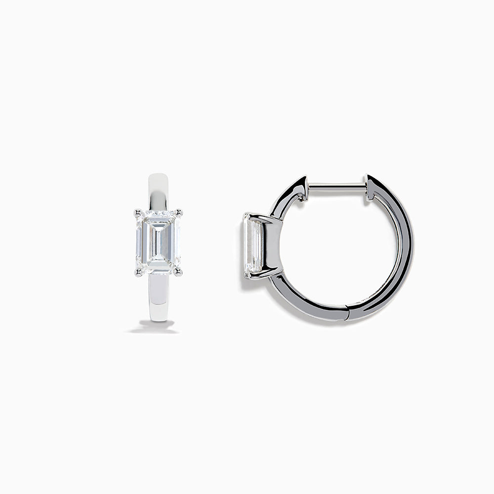 A pair of Lab Grown Diamond Emerald-Cut Huggie Earrings in 14K White Gold, each featuring a vertically set emerald-cut lab diamond at the front, displayed against a plain white background.