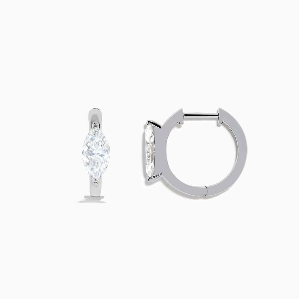 The Lab Grown Diamond Marquise Huggie Earrings in 14K White Gold are shown against a plain white background.