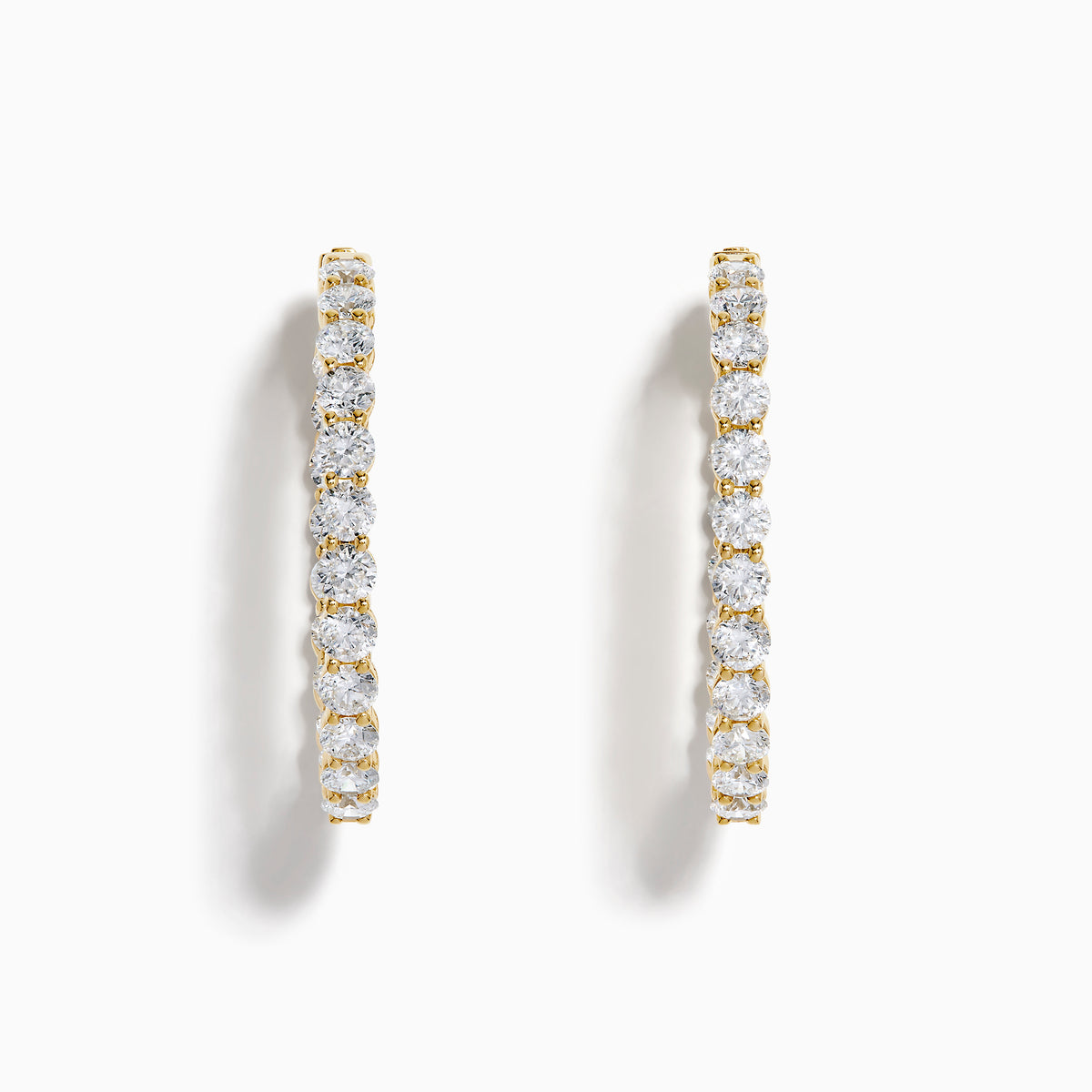 A pair of Lab Grown Round Diamond 7.00ct Inside Out Hoop Earrings in 14K yellow gold, displayed vertically against a plain white background.