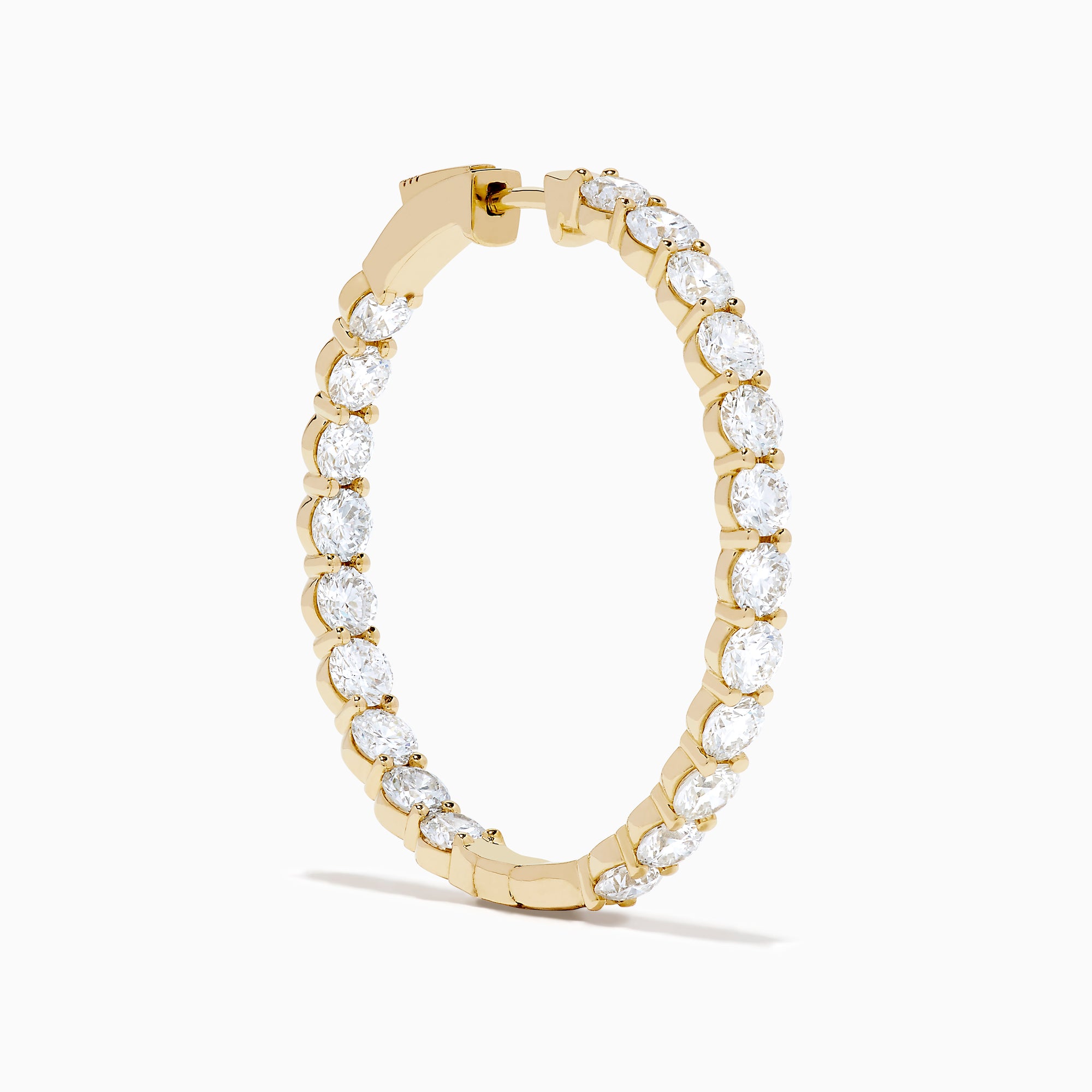 A pair of Lab Grown Round Diamond 7.00ct Inside Out Hoop Earrings in 14K yellow gold, displayed vertically against a plain white background.