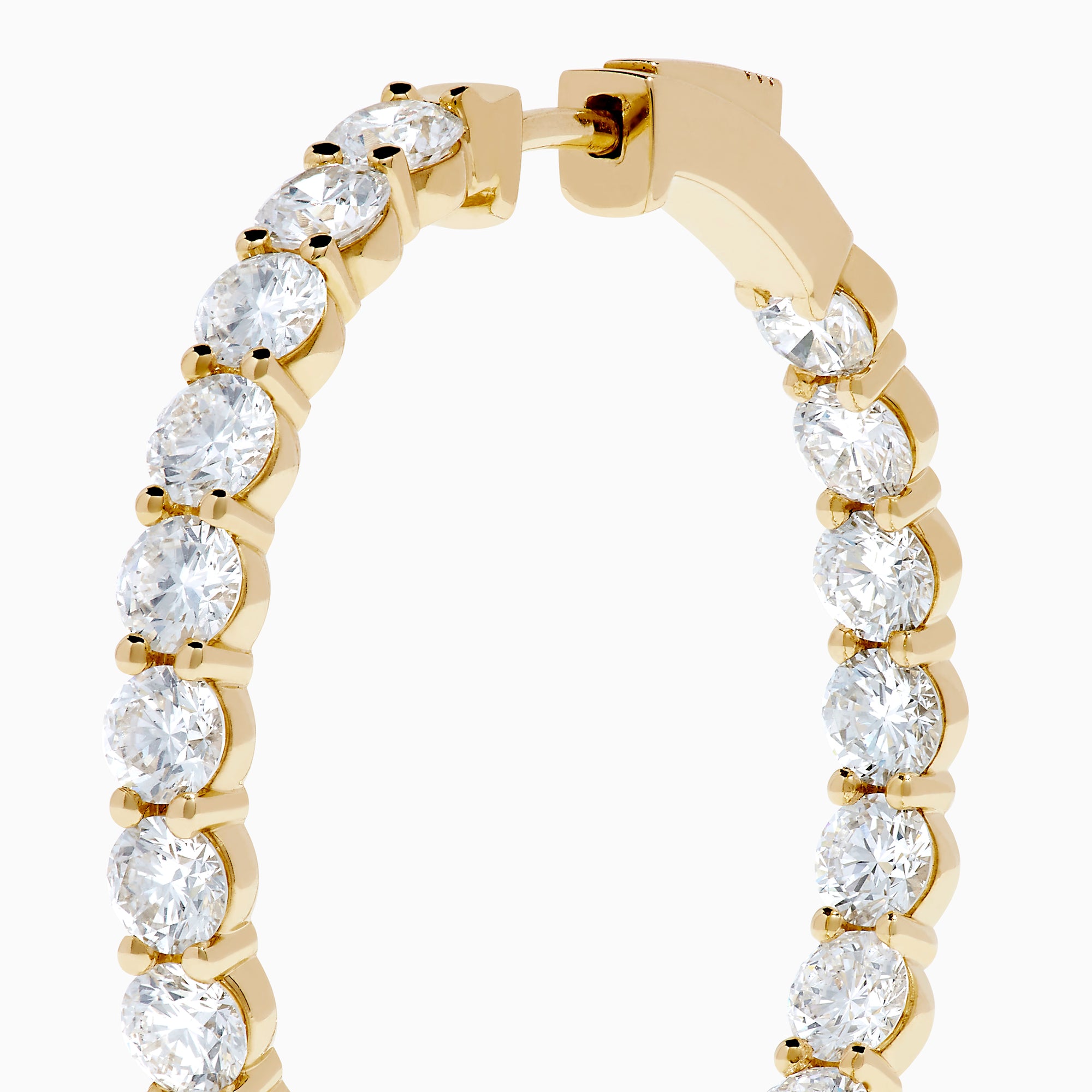 A pair of Lab Grown Round Diamond 7.00ct Inside Out Hoop Earrings in 14K yellow gold, displayed vertically against a plain white background.