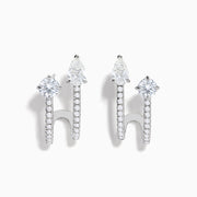 Lab Grown Diamond Cuff Earrings in 14K White Gold, featuring vertical rows of small diamonds and topped with round and pear-shaped clear gemstones, shown on a white background.