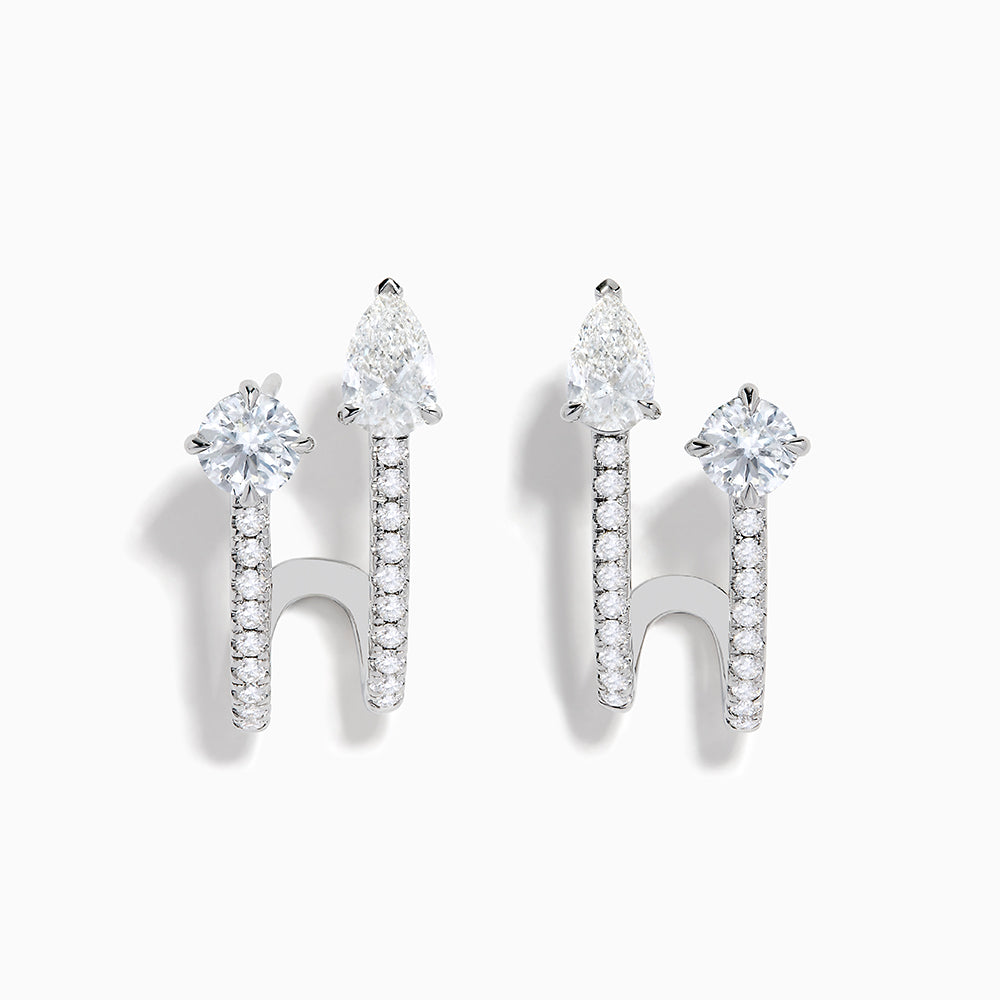 Lab Grown Diamond Cuff Earrings in 14K White Gold, featuring vertical rows of small diamonds and topped with round and pear-shaped clear gemstones, shown on a white background.