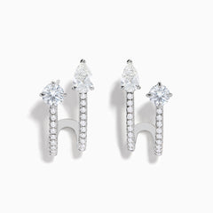 Lab Grown Diamond Cuff Earrings in 14K White Gold, featuring vertical rows of small diamonds and topped with round and pear-shaped clear gemstones, shown on a white background.