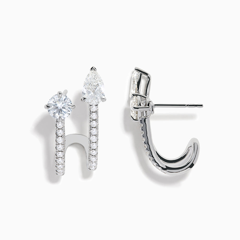 Lab Grown Diamond Cuff Earrings in 14K White Gold, featuring vertical rows of small diamonds and topped with round and pear-shaped clear gemstones, shown on a white background.