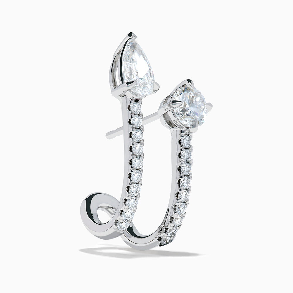 Lab Grown Diamond Cuff Earrings in 14K White Gold, featuring vertical rows of small diamonds and topped with round and pear-shaped clear gemstones, shown on a white background.