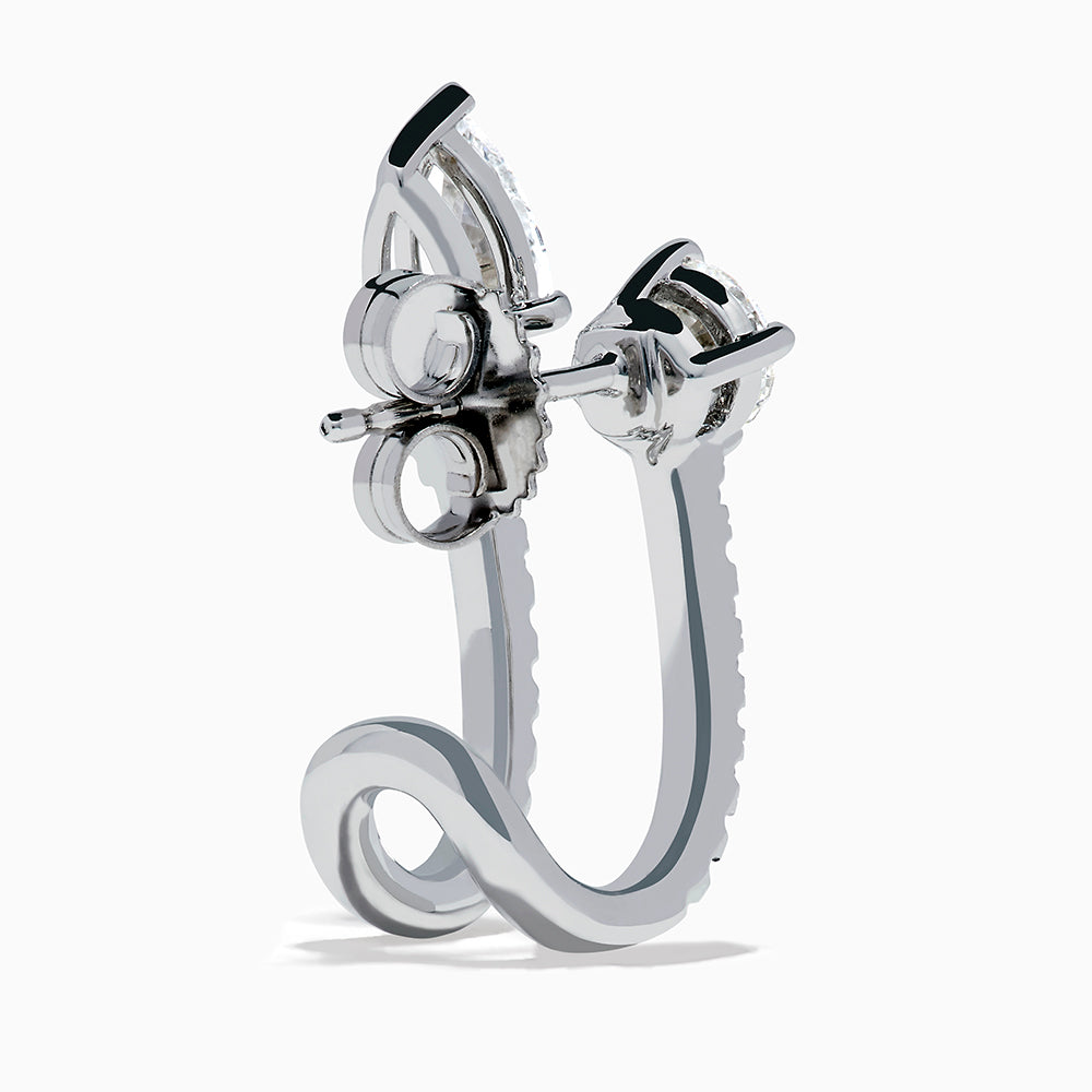 Lab Grown Diamond Cuff Earrings in 14K White Gold, featuring vertical rows of small diamonds and topped with round and pear-shaped clear gemstones, shown on a white background.