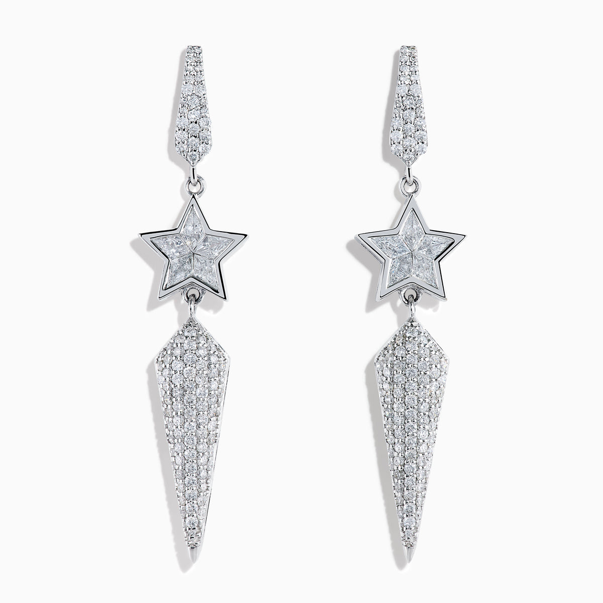The 18K White Gold Diamond Shooting Star Linear Drop Earrings showcase a central star design with a long, pointed diamond-encrusted dangle, displayed on a plain white background.