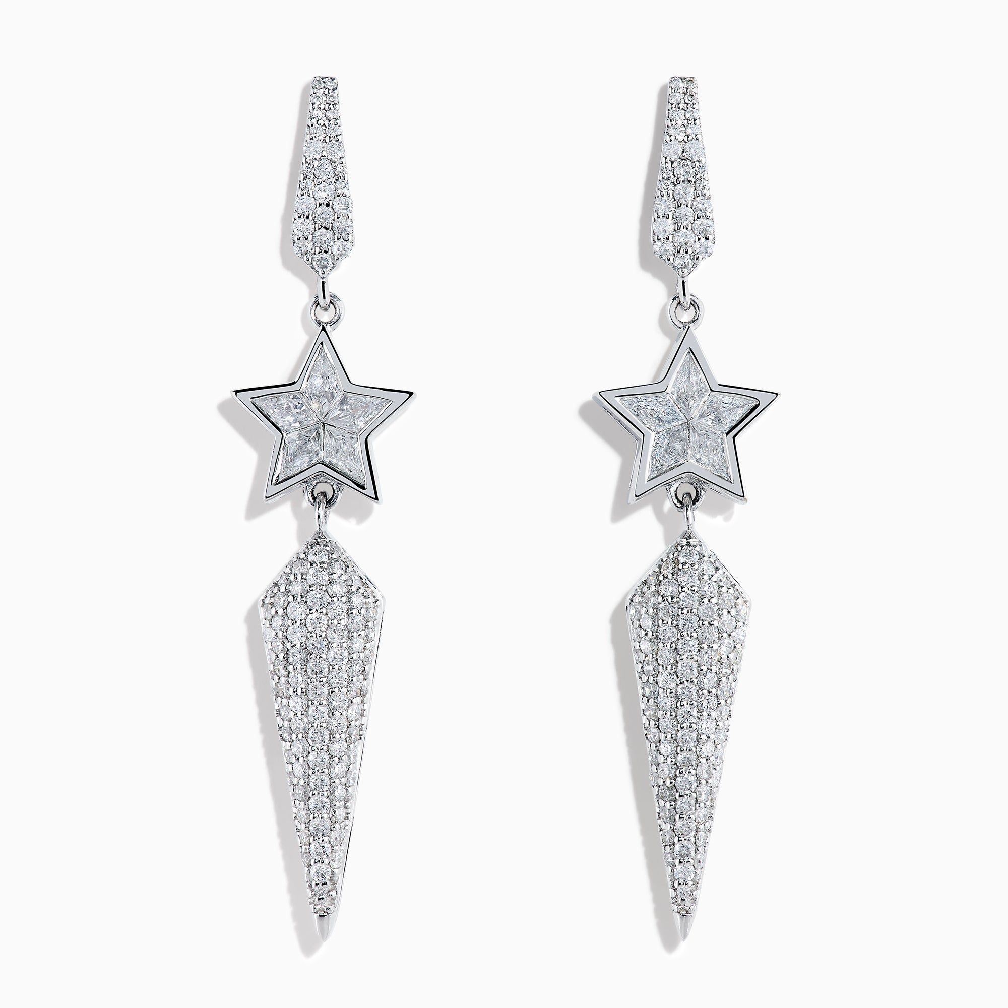 The 18K White Gold Diamond Shooting Star Linear Drop Earrings showcase a central star design with a long, pointed diamond-encrusted dangle, displayed on a plain white background.