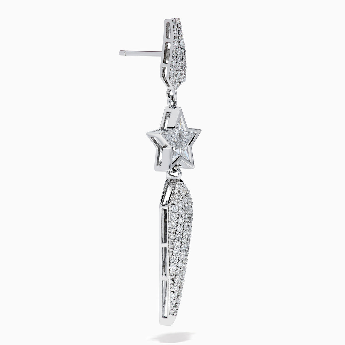 The 18K White Gold Diamond Shooting Star Linear Drop Earrings showcase a central star design with a long, pointed diamond-encrusted dangle, displayed on a plain white background.