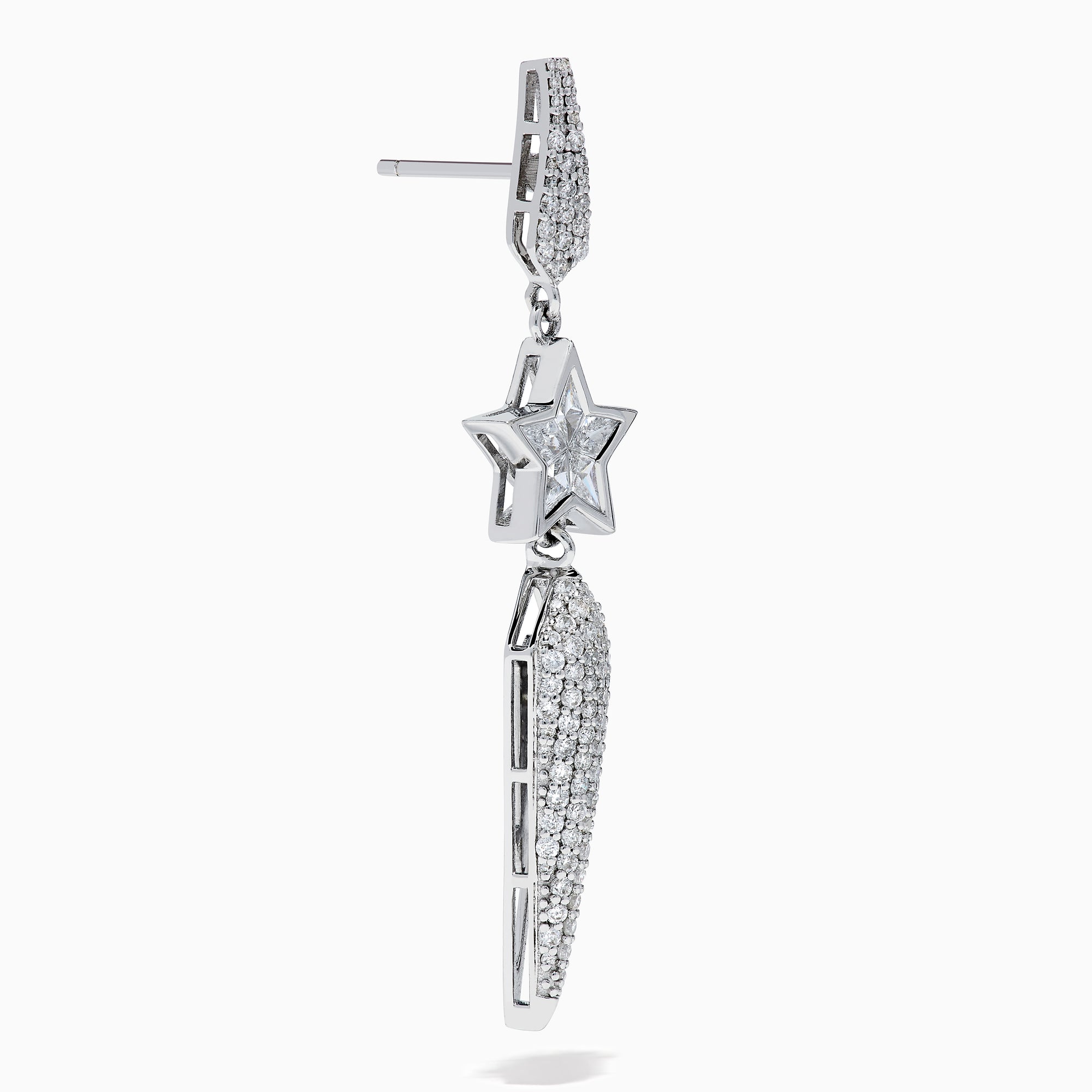 The 18K White Gold Diamond Shooting Star Linear Drop Earrings showcase a central star design with a long, pointed diamond-encrusted dangle, displayed on a plain white background.