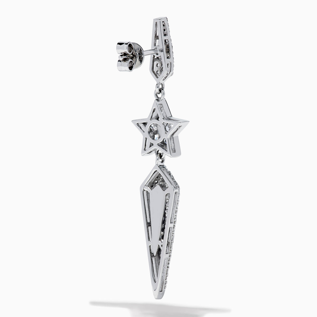 The 18K White Gold Diamond Shooting Star Linear Drop Earrings showcase a central star design with a long, pointed diamond-encrusted dangle, displayed on a plain white background.