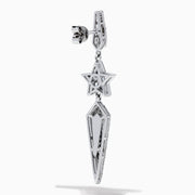 The 18K White Gold Diamond Shooting Star Linear Drop Earrings showcase a central star design with a long, pointed diamond-encrusted dangle, displayed on a plain white background.