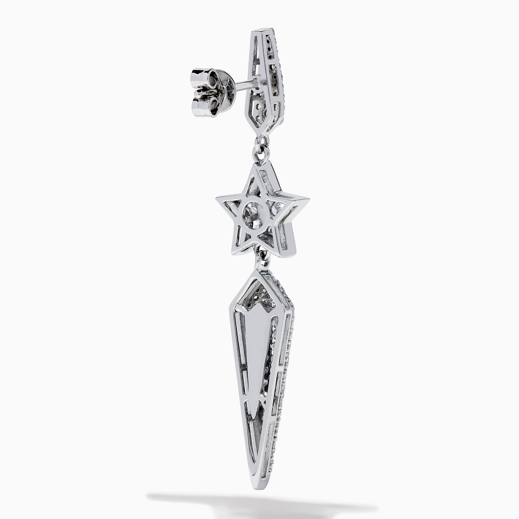 The 18K White Gold Diamond Shooting Star Linear Drop Earrings showcase a central star design with a long, pointed diamond-encrusted dangle, displayed on a plain white background.