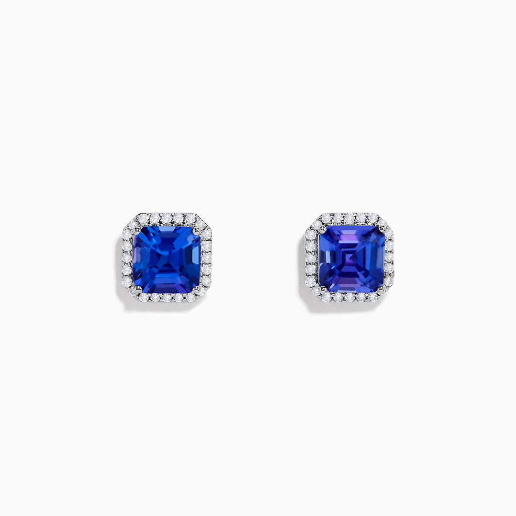 The Nahla Siri 14K Gold Tanzanite and Diamond Earrings feature square-cut tanzanite studs, each haloed by sparkling diamonds, set in luxurious 14K gold against a plain white background.