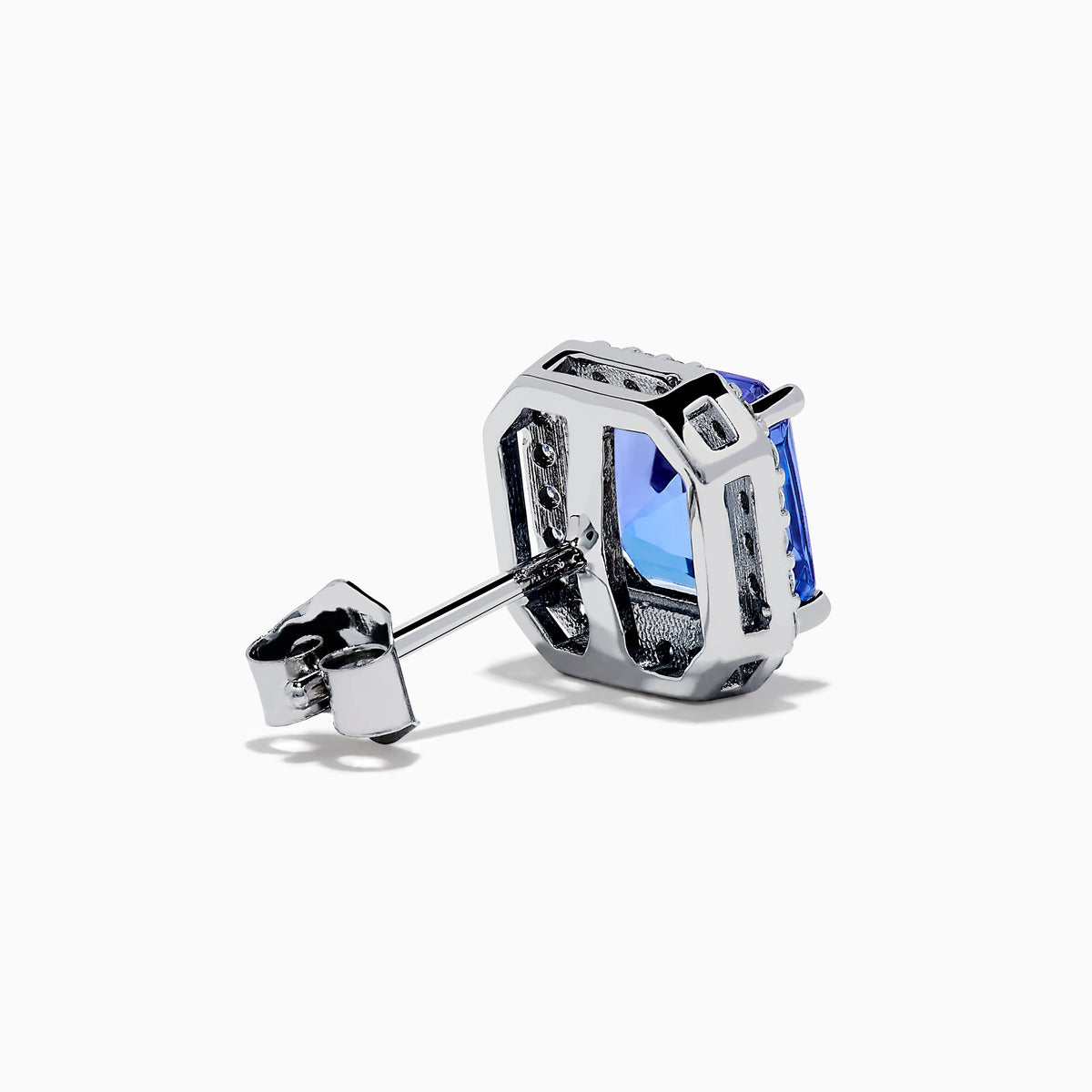 The Nahla Siri 14K Gold Tanzanite and Diamond Earrings feature square-cut tanzanite studs, each haloed by sparkling diamonds, set in luxurious 14K gold against a plain white background.