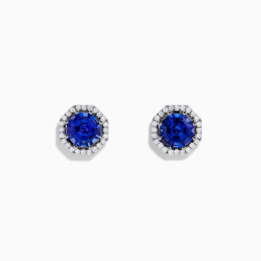 The Nahla Siri 14K Gold Octagon Cut Tanzanite and Diamond Earrings feature octagonal tanzanite gemstones encircled by small clear diamonds, set against a plain white background.