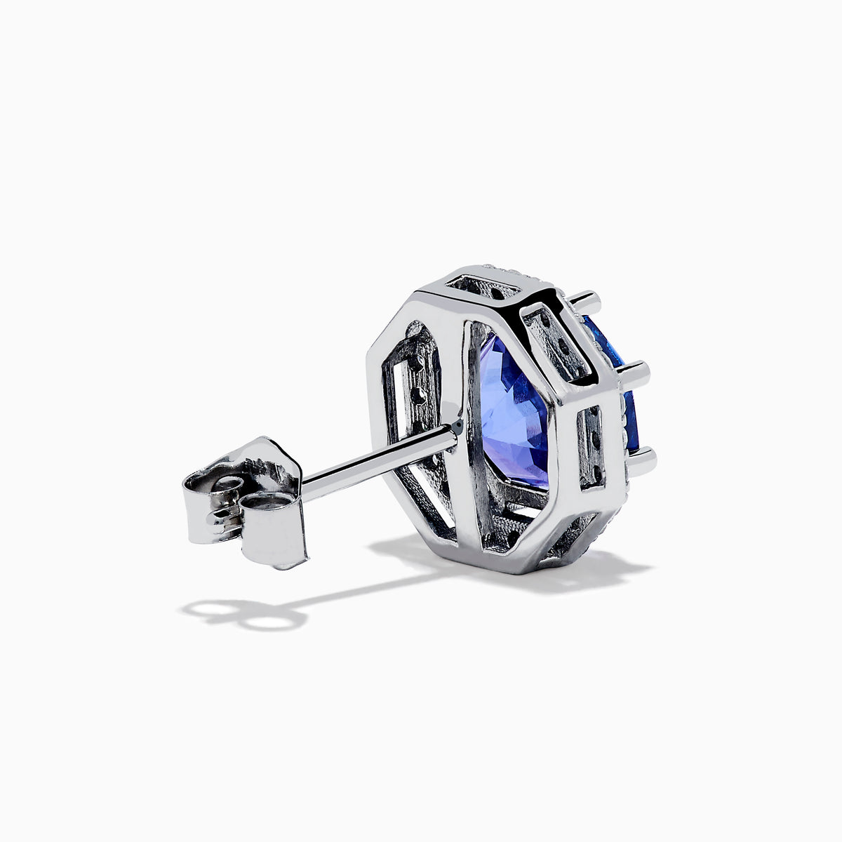 The Nahla Siri 14K Gold Octagon Cut Tanzanite and Diamond Earrings feature octagonal tanzanite gemstones encircled by small clear diamonds, set against a plain white background.