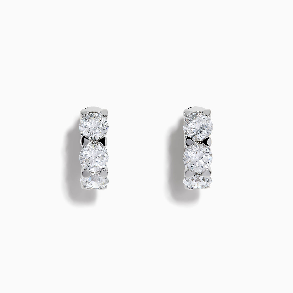 Lab Grown Round Diamond 3.00ct Mini Hoop Earrings in 14K White Gold, each earring showcases three sparkling round lab grown diamonds set vertically in a sleek, minimalist design against a white background.