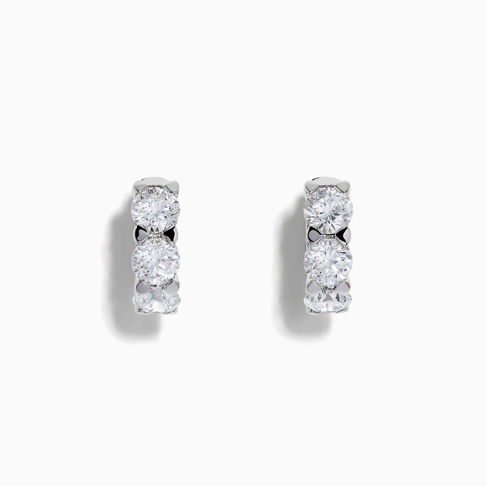 Lab Grown Round Diamond 3.00ct Mini Hoop Earrings in 14K White Gold, each earring showcases three sparkling round lab grown diamonds set vertically in a sleek, minimalist design against a white background.
