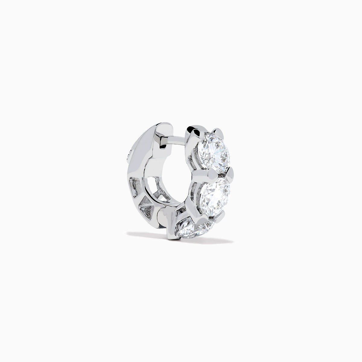 Lab Grown Round Diamond 3.00ct Mini Hoop Earrings in 14K White Gold, each earring showcases three sparkling round lab grown diamonds set vertically in a sleek, minimalist design against a white background.