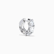 Lab Grown Round Diamond 3.00ct Mini Hoop Earrings in 14K White Gold, each earring showcases three sparkling round lab grown diamonds set vertically in a sleek, minimalist design against a white background.