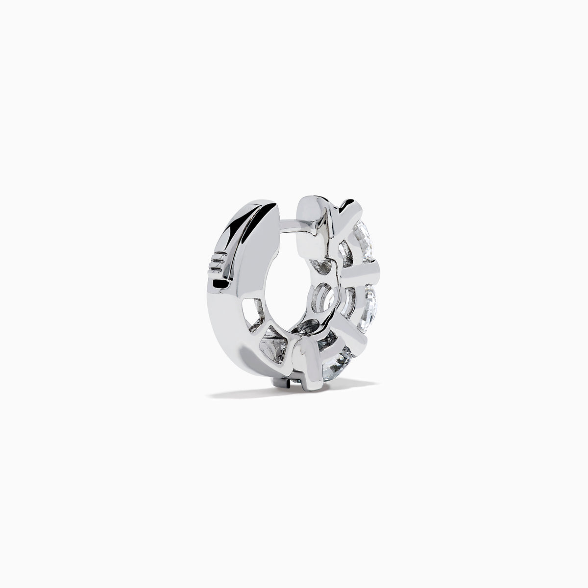 Lab Grown Round Diamond 3.00ct Mini Hoop Earrings in 14K White Gold, each earring showcases three sparkling round lab grown diamonds set vertically in a sleek, minimalist design against a white background.