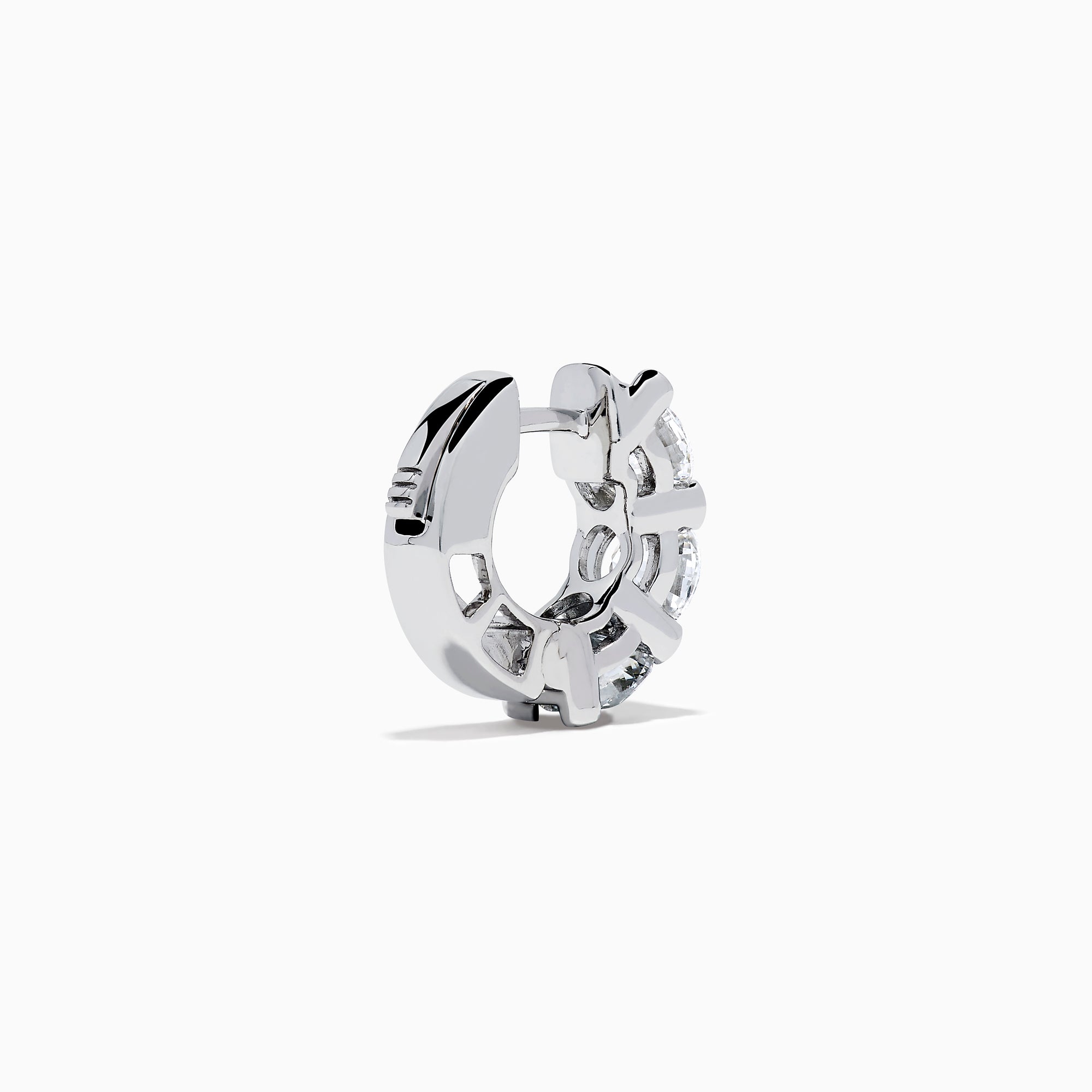 Lab Grown Round Diamond 3.00ct Mini Hoop Earrings in 14K White Gold, each earring showcases three sparkling round lab grown diamonds set vertically in a sleek, minimalist design against a white background.