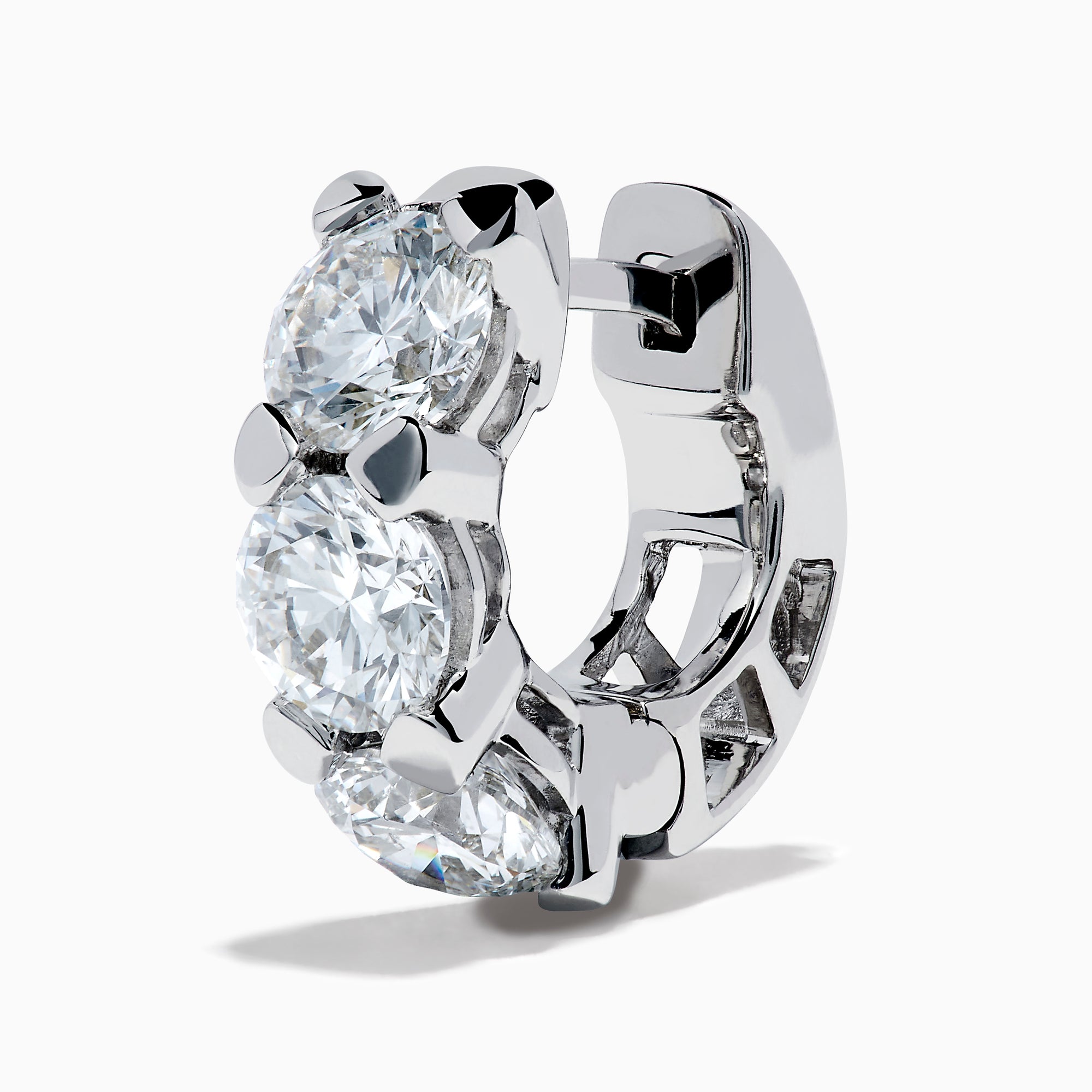 Lab Grown Round Diamond 3.00ct Mini Hoop Earrings in 14K White Gold, each earring showcases three sparkling round lab grown diamonds set vertically in a sleek, minimalist design against a white background.