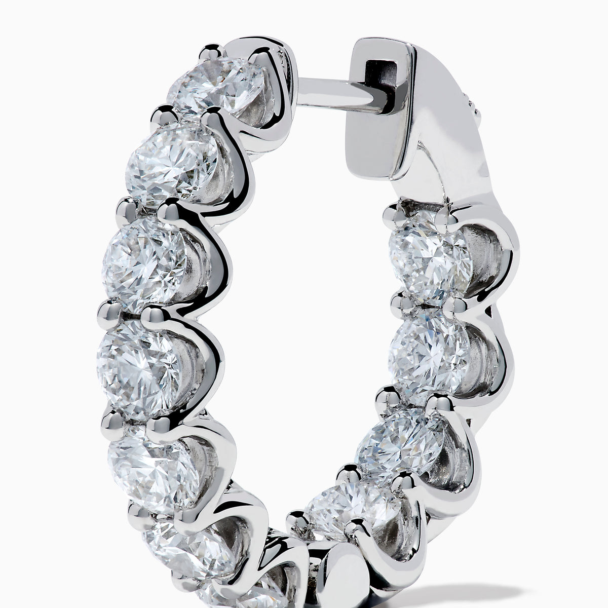 A pair of Lab Grown Round Diamond 2.50ct Inside Out Hoop Earrings in 14K white gold, displayed upright on a plain white background.