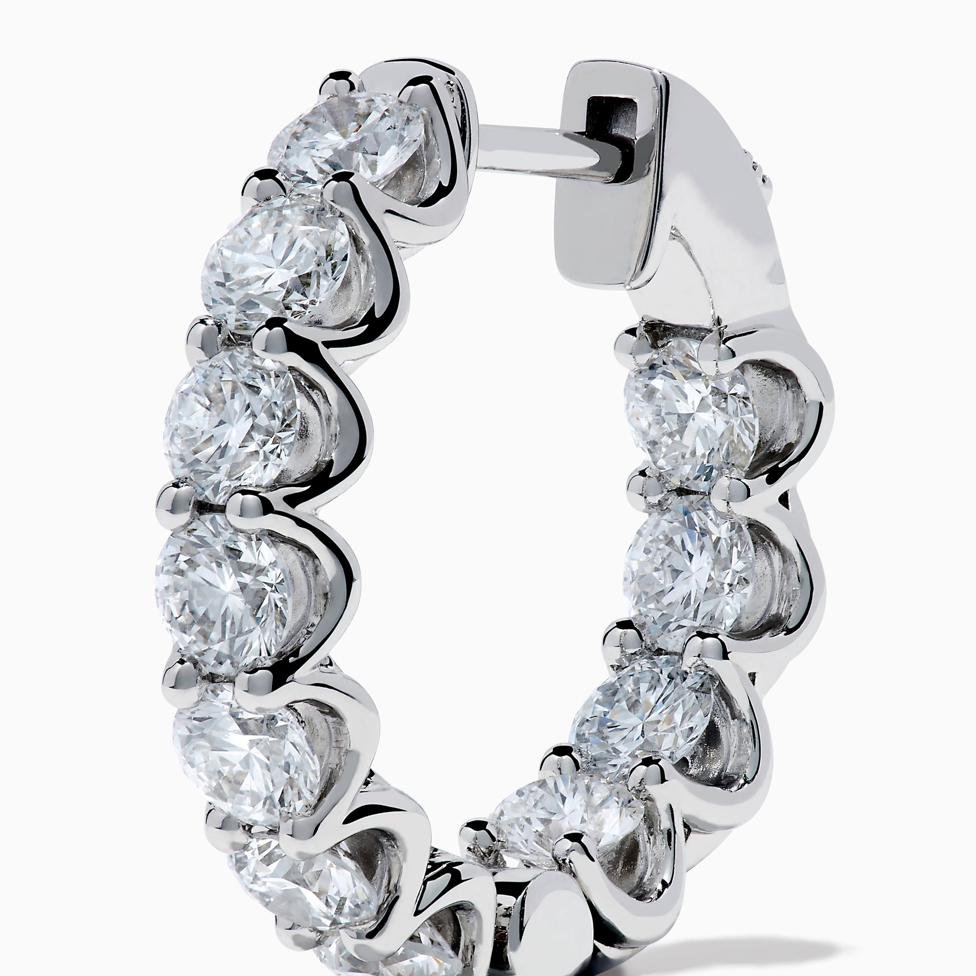A pair of Lab Grown Round Diamond 2.50ct Inside Out Hoop Earrings in 14K white gold, displayed upright on a plain white background.