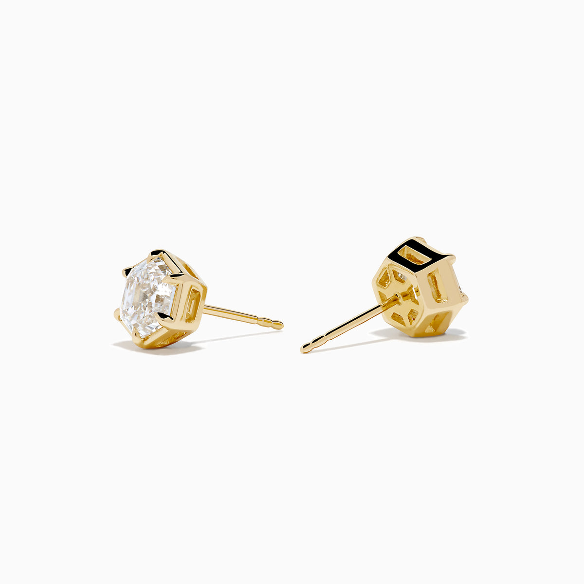 Lab Grown Diamond 2.00ct Hexagon Stud Earrings in 14K Yellow Gold, displayed against a plain white background.