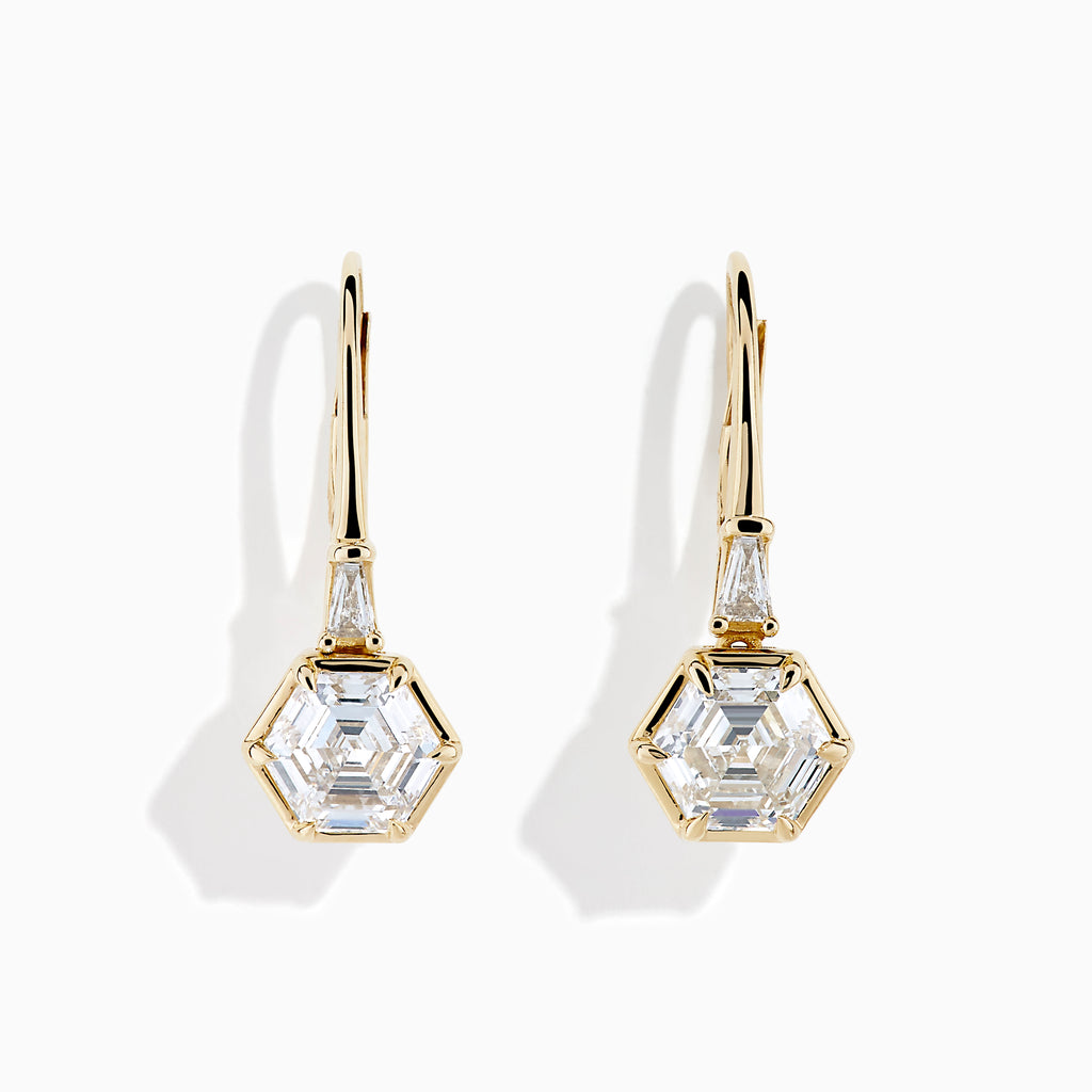 Lab Grown Diamond 2.00ct Hexagon Drop Earrings in 14K Yellow Gold, showcasing faceted clear lab grown diamonds in bold hexagonal shapes with a delicate triangular gemstone accent above each, all set in radiant 14K yellow gold and displayed against a crisp white background.