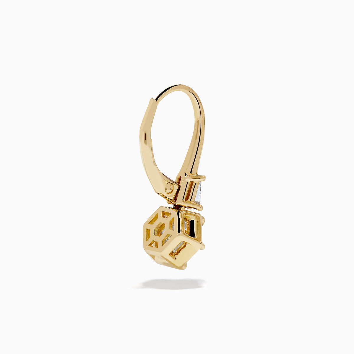 Lab Grown Diamond 2.00ct Hexagon Drop Earrings in 14K Yellow Gold, showcasing faceted clear lab grown diamonds in bold hexagonal shapes with a delicate triangular gemstone accent above each, all set in radiant 14K yellow gold and displayed against a crisp white background.