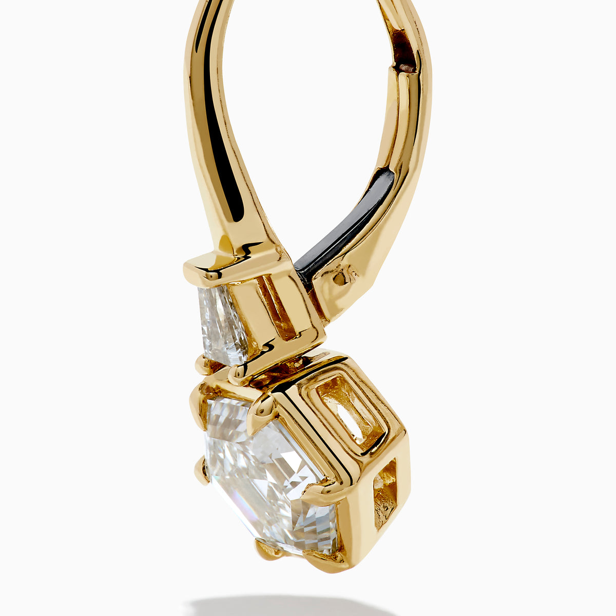 Lab Grown Diamond 2.00ct Hexagon Drop Earrings in 14K Yellow Gold, showcasing faceted clear lab grown diamonds in bold hexagonal shapes with a delicate triangular gemstone accent above each, all set in radiant 14K yellow gold and displayed against a crisp white background.